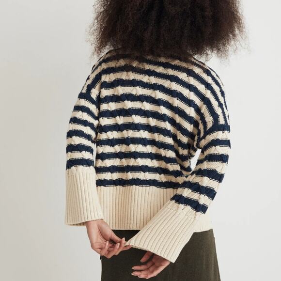 NEW Madewell Cable Knit Oversized Nautical Ecru Navy Stripe Stripe Sweater - Picture 2 of 12
